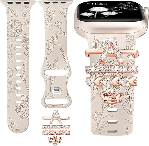 Minyee Compatible con Apple Watch Band con Charms para Mujeres 41mm 40mm 38mm 42mm 44mm 45mm 49mm Anillos Decorativos en Forma de Bucle Florales