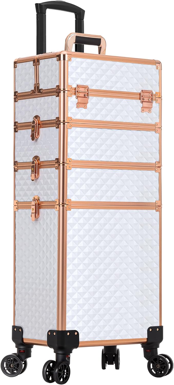 AROUS Rolling Makeup Train Case 4 in 1 Cosmetology Case on Wheels Large Storage Cosmetic Trolley with Key Salon Barber Case Traveling Cart Trunk,White