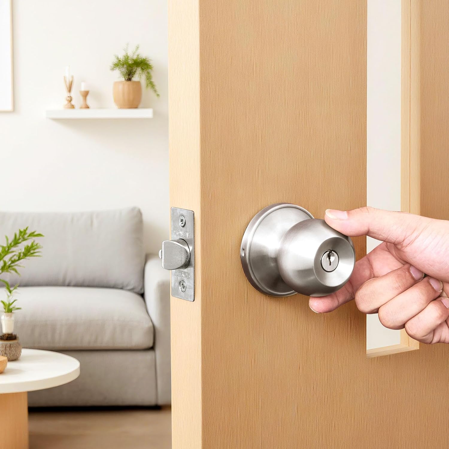VEVOR Keyed Entry Door Knob, Satin Nickel Door Knob with Round Ball, Keyed Exterior & Thumb Turn Lock Interior, All Metal Doorknobs Hardware with Lock and Keys, Modern Design for Bedroom & Bathroom