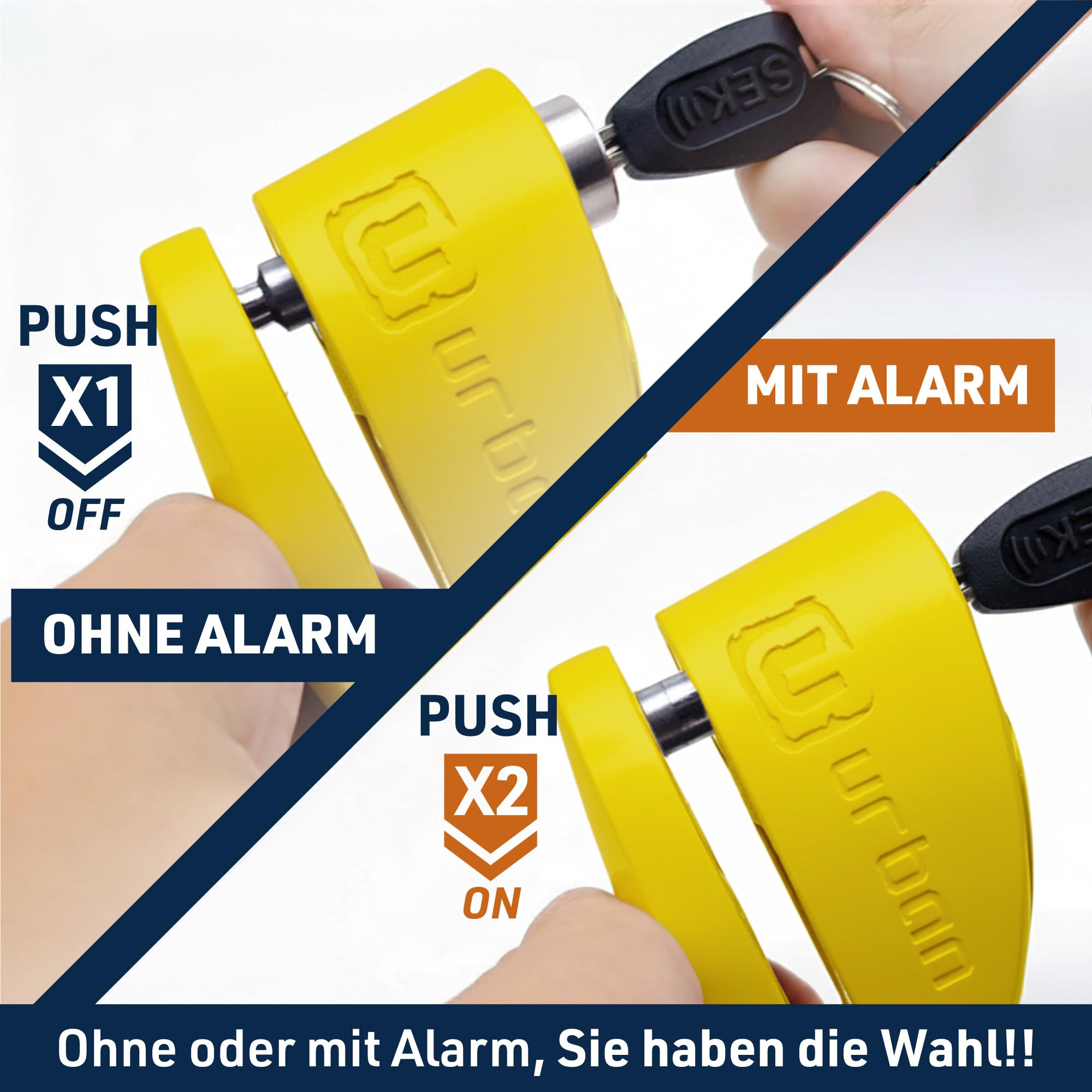 URBAN UR910Y Bremsscheibenschloss mit Alarm 120dB ON/OFF, Gelb+Schwarz Edelstahl lackiert +Abschreckend, SRA & Sold Secure Gold Zertifiziert, Doppelverriegelung Ø10 mm, Motorrad Schloss für Scooter