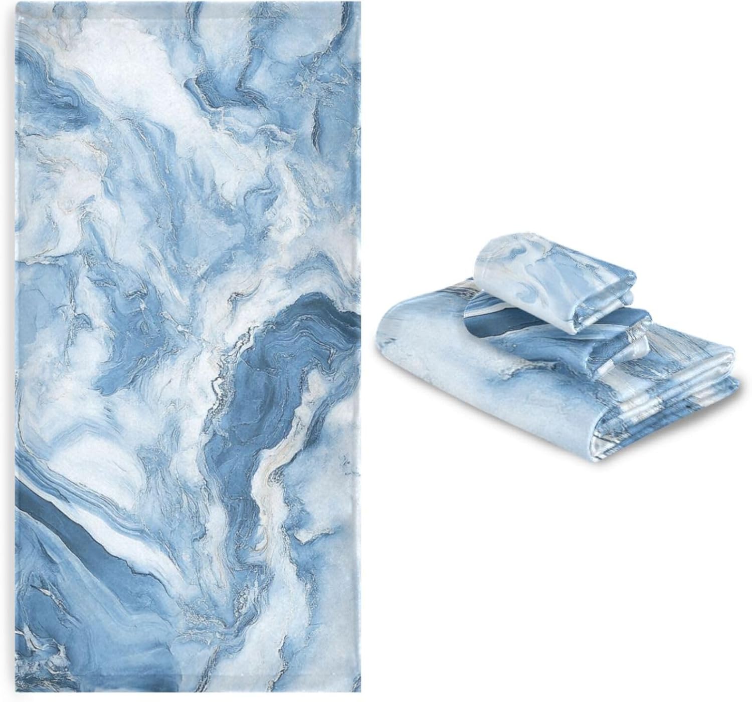 ALAZA Blue White Marble Towel Bathroom Set, 3-Piece Towel Set, 1 Bath Towel, 1 Hand Towel, 1 Washcloth,Soft Absorbent Towel for Home Kitchen Gym Beach