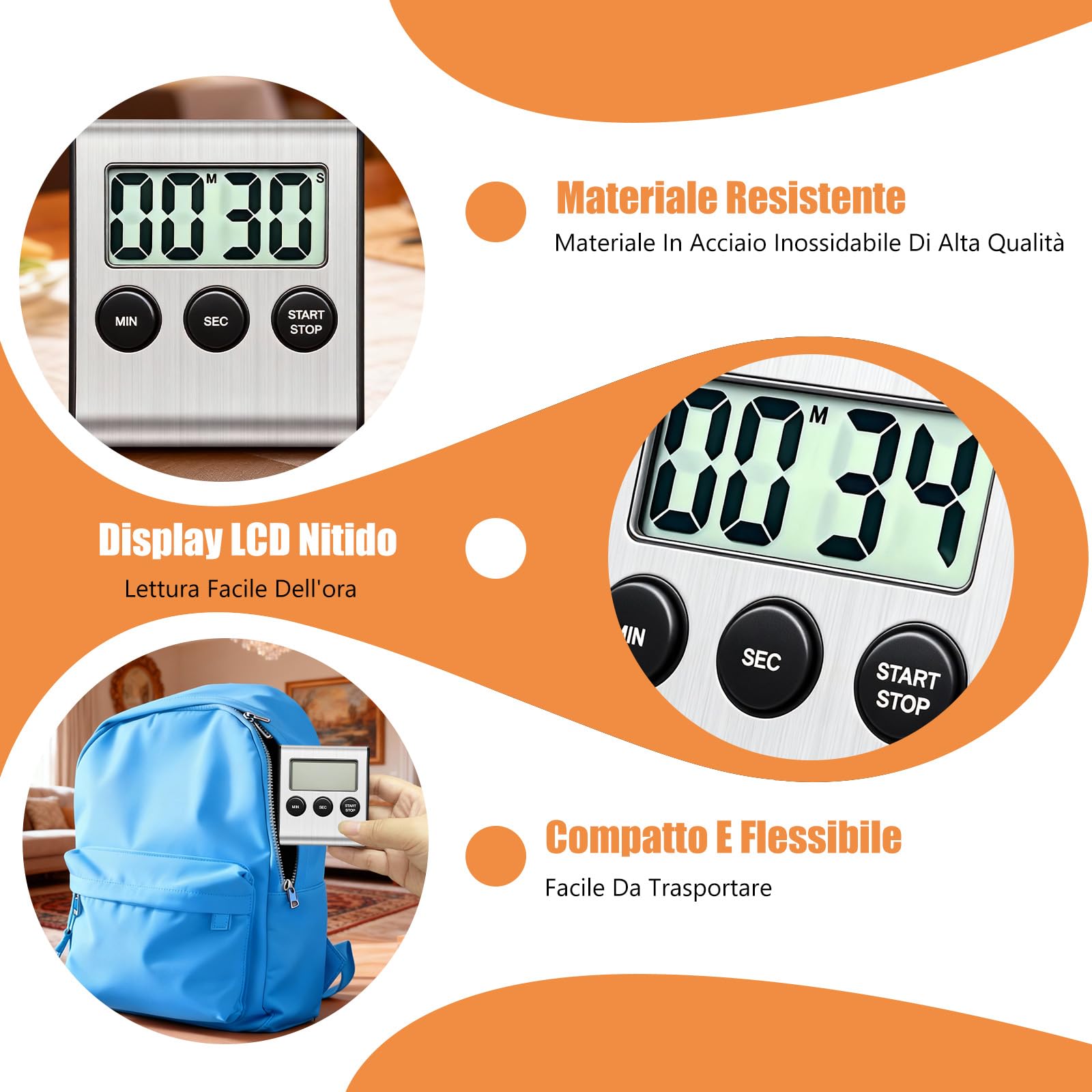 3 PCS Timer Digitale con Allarme Forte con Cifre Grandi, Timer da Cucina Digitale con Supporto Magnetico e Interruttore on/off per Cucinare, Sport, Studio, Riunioni, Acciaio Inossidabile