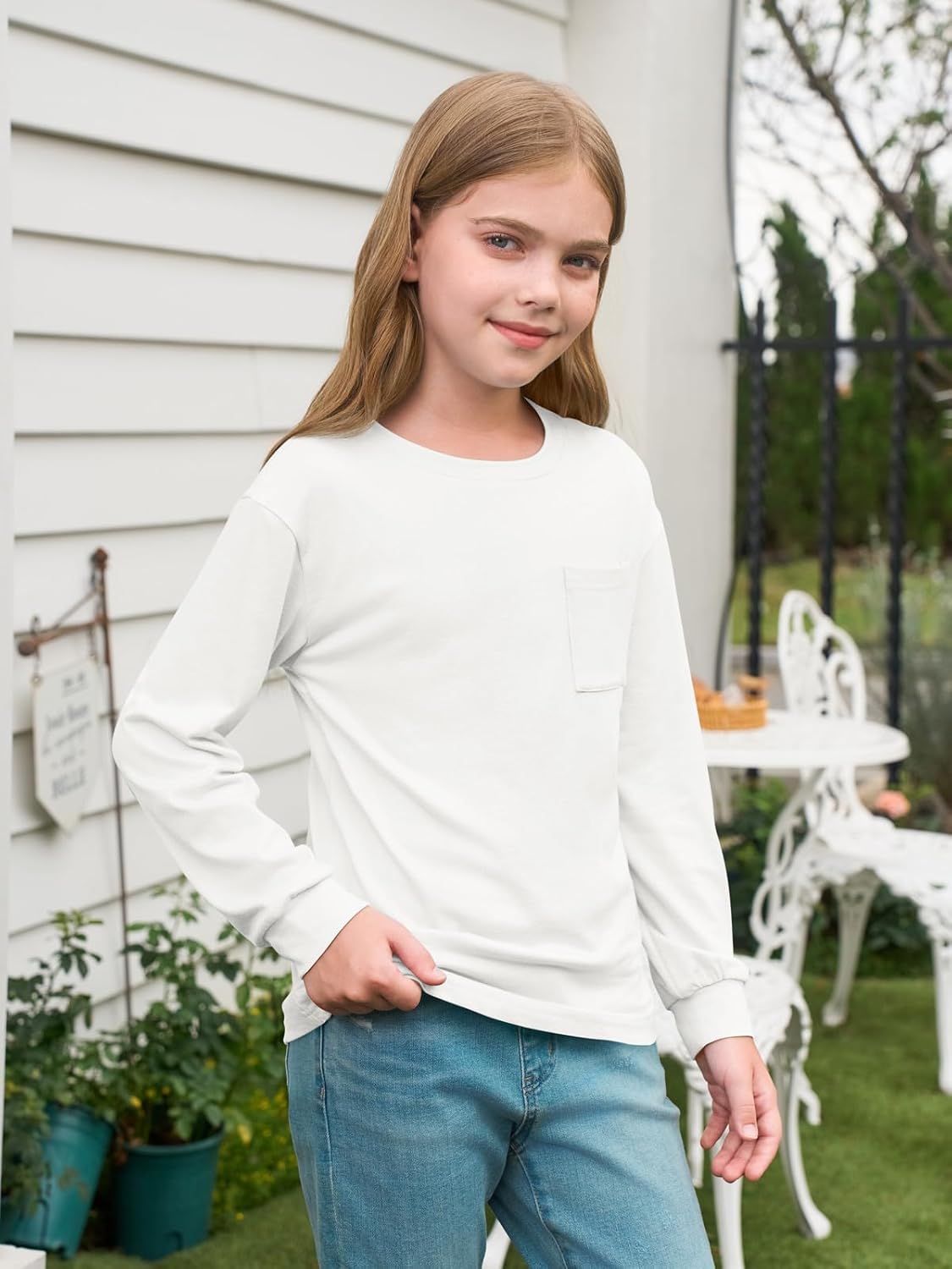 Haloumoning Girls Long Sleeve Shirts Kids Crewneck Soft Tunic Tops Basic Casual T-Shirts 5-14 Years with Pocket - Image 2