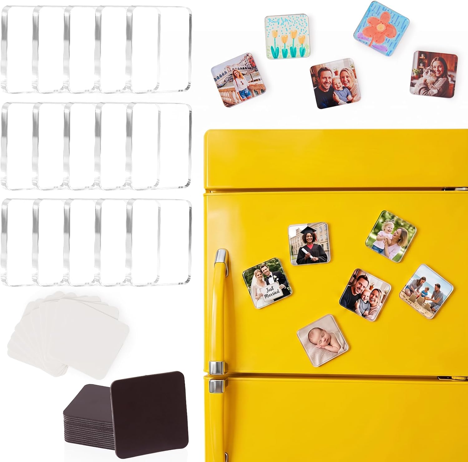 15 Pcs DIY Acrylic Fridge Magnet Square Decorative Refrigerator Magnet with Adhesive Backing,Blank White Cards Ferrite Magnets Set for Souvenir,Office,Classroom, Kitchen(2 Inch,50 Piece)