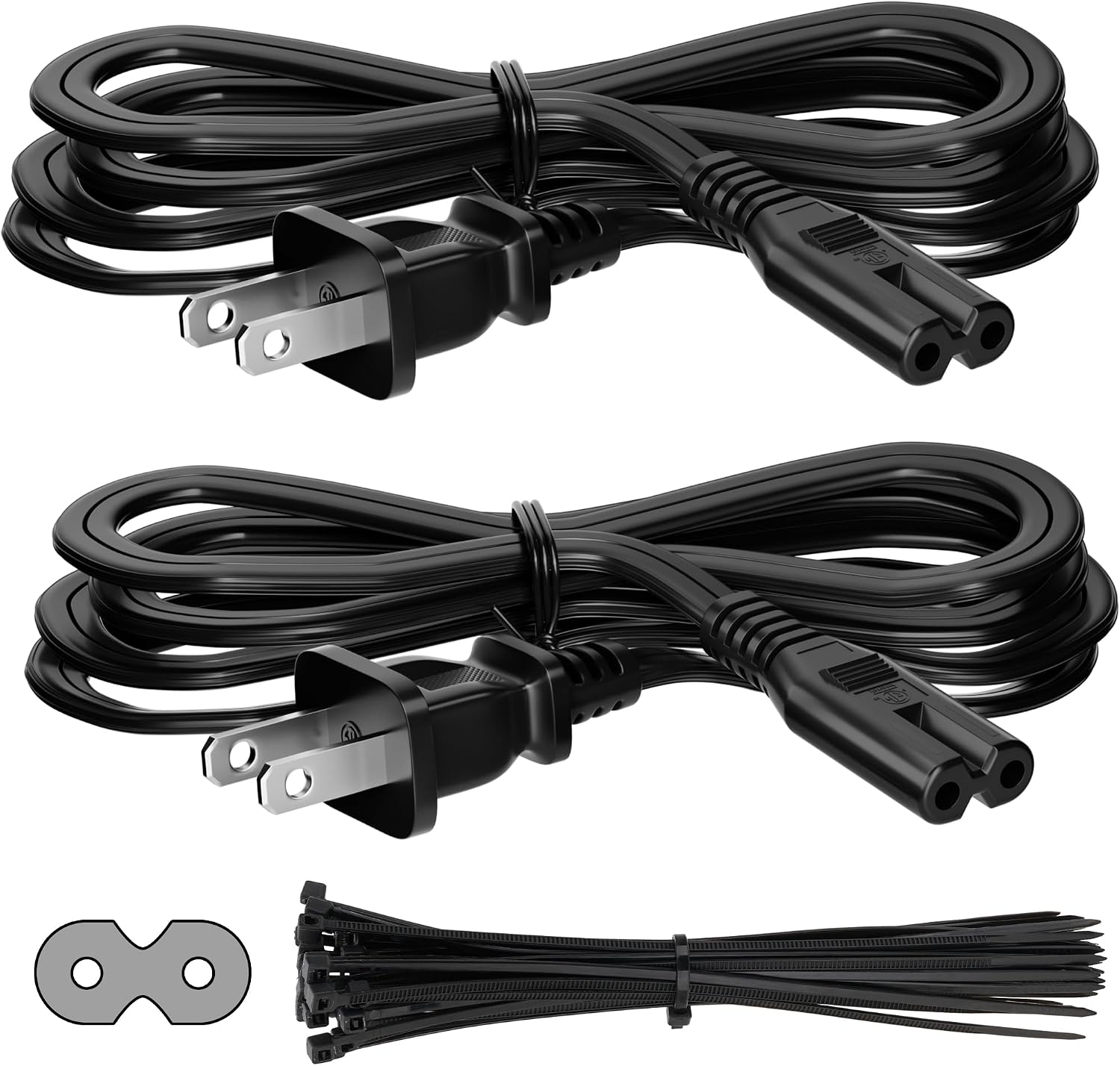2 Prong Power Cord 2 FT (2-Pack), Non-Polarized AC Power Replacement Supply Cable, 7A, 125V, ETL Compatible with PS5/PS4 Samsung LG TCL Sony Roku TV, Xbox, Laptop, Printer, C7 to 1-15P, with 25 Ties