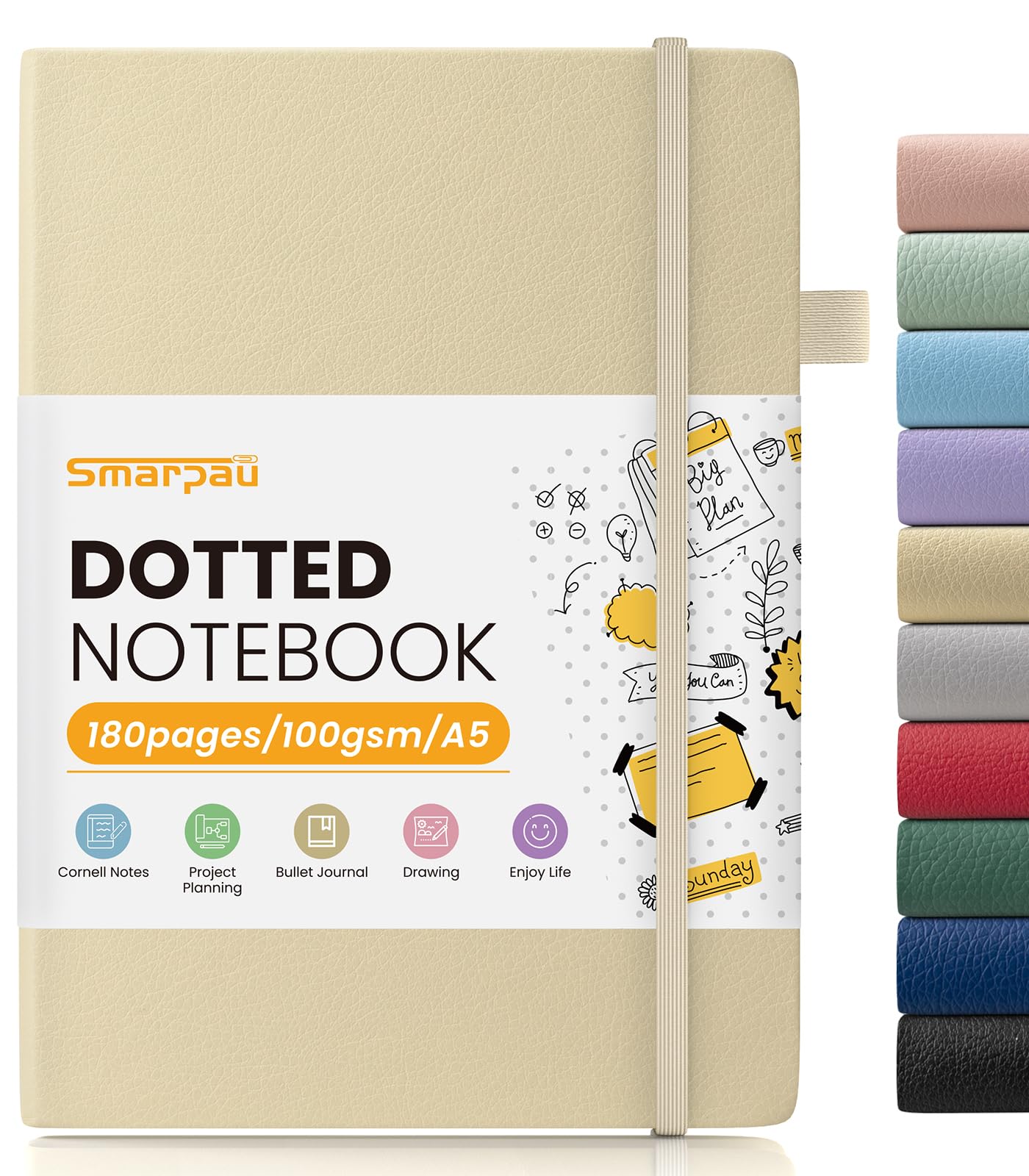 Smarpau A5 Dotted Notebook 180 Pages, Leather Bullet Dotted Journal with 100gsm Paper, No Bleed for Writing, Hardback Dot Grid Notebook for School Office Travel, Beige