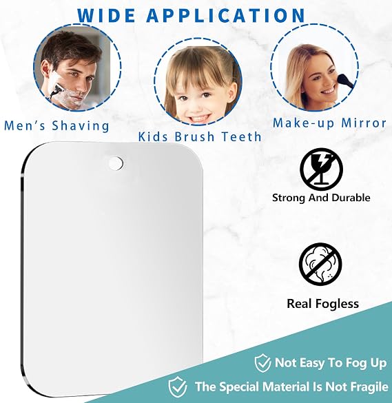 Shower Mirror Fogless for Shaving, Medium 8 x 6 inch Mirror for Wall Hanging, Frameless Portable Travel Camping Mirrors Shatterproof Handheld Locker Shave Mirrors Makeup Plastic Anti Fog Free Bathroom