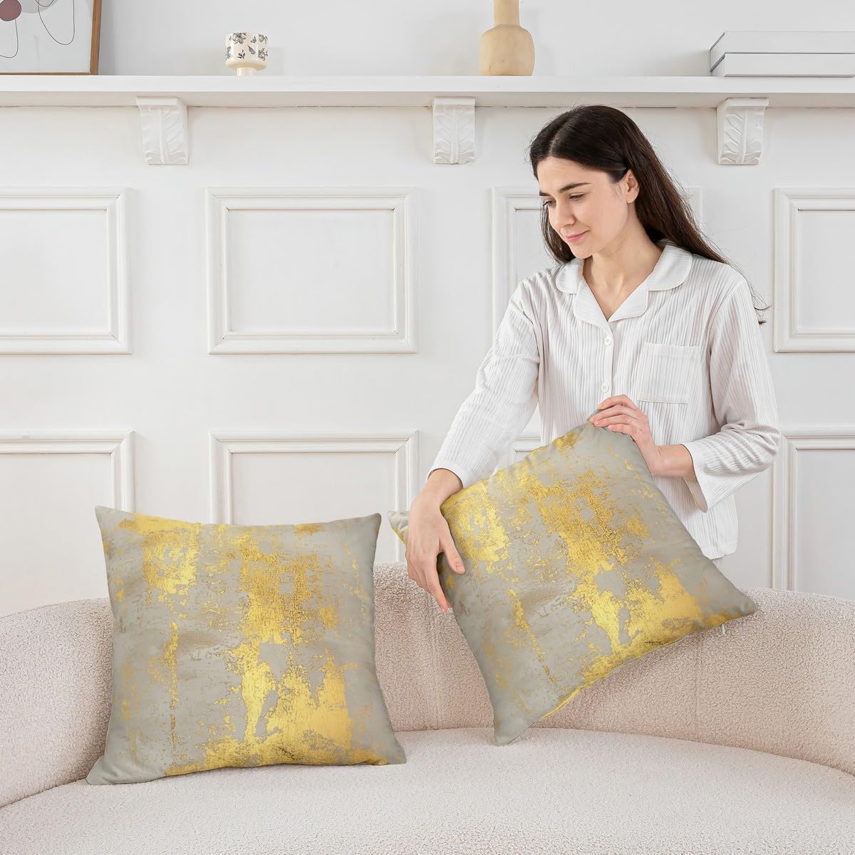 jejeloiu Yellow Gray Abstract Throw Pillow Covers Set of 4 Modern Marble Aesthetic Cushion Case Retro Watercolor Artwork Design Decor Pillowcase Indoor Outdoor Super Soft 16 x 16-Inch