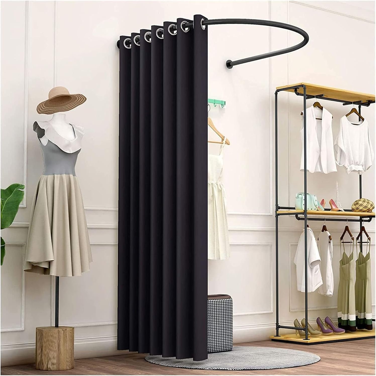 Madamera Clothing Store Fitting Room, Changing Room Used in Mall and Office, U-Dressing Room for Privacy Protection and Room Divider, Including Shading Curtain, Hanging Rod and Hook Up (Black)