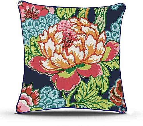 ArogGeld Honshu - Almohada en azul marino y rojo chinoiserie floral, funda de almohada lumbar con flores, funda de cojín de lino, funda de almohada