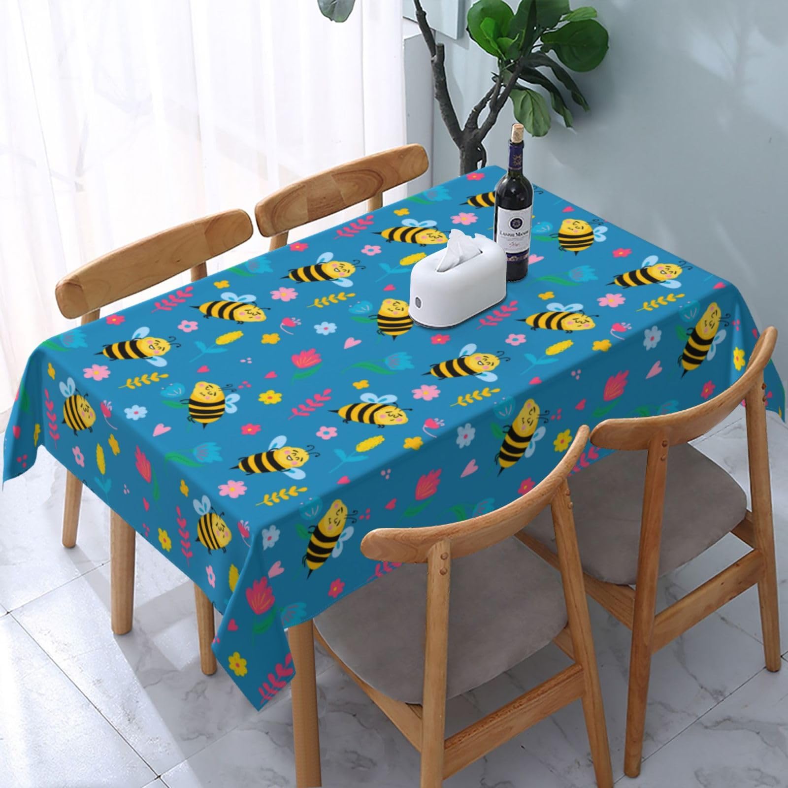 JunHeArt Cute Bee And Sunflower Pattern Tablecloth Rectangle Table Cover Washable Table Cloths Decor For Kitchen 54" X 72"
