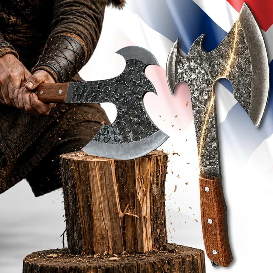 Machado Medieval Viking Decorativo Funcional com Acabamento Forjado Cabo Ergonômico e Bainha Protetora