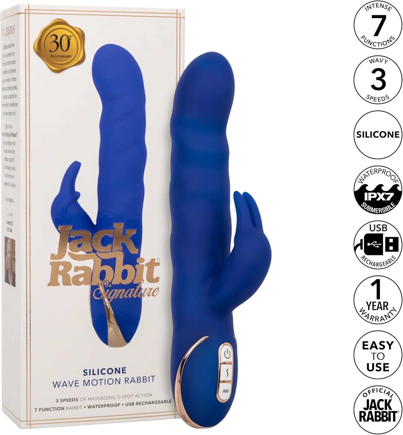 CalExotics Jack Rabbit Signature Silicone Wave Motion Rabbit Vibrator with 7+3 Vibrating Modes and IPX Waterproof Ability - SE-0609-65-3