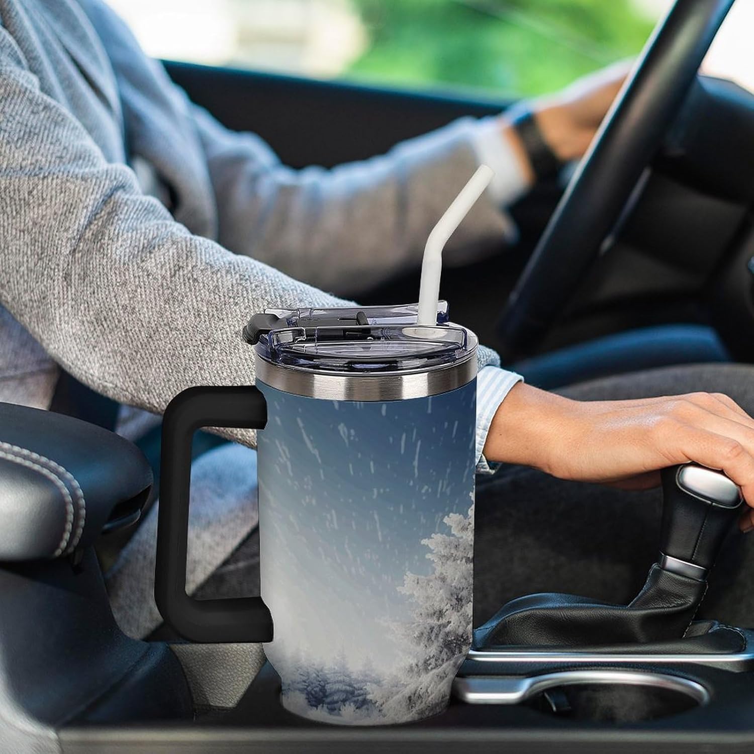 Large Car Cup with Handle&Lid Fashion Snow Pine Tree Christmas Tumbler Sturdy Insulated Water Bottle Stainless Steel Vacuum Travel Mug Portable Coffee Cup for Home Outdoor 40 Oz Black-style