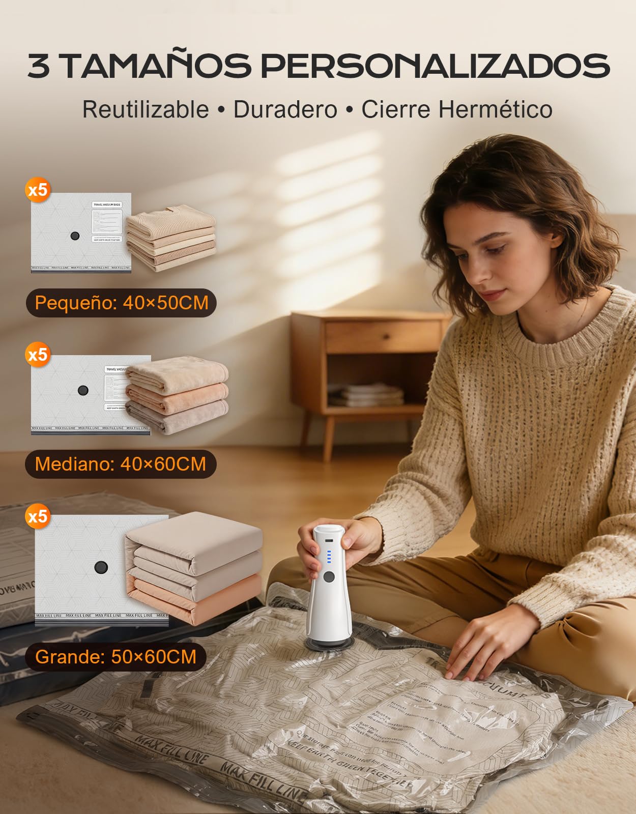 CIRYCASE 15 Piezas Bolsas Vacio Ropa con Bomba Eléctrica Recargable Inalámbrica [-5000PA de Succión], Bolsas Almacenaje Ropa Portátil para Viaje y Hogar, Saco de Vacio Reutilizable para Mantas y Ropa — view 3