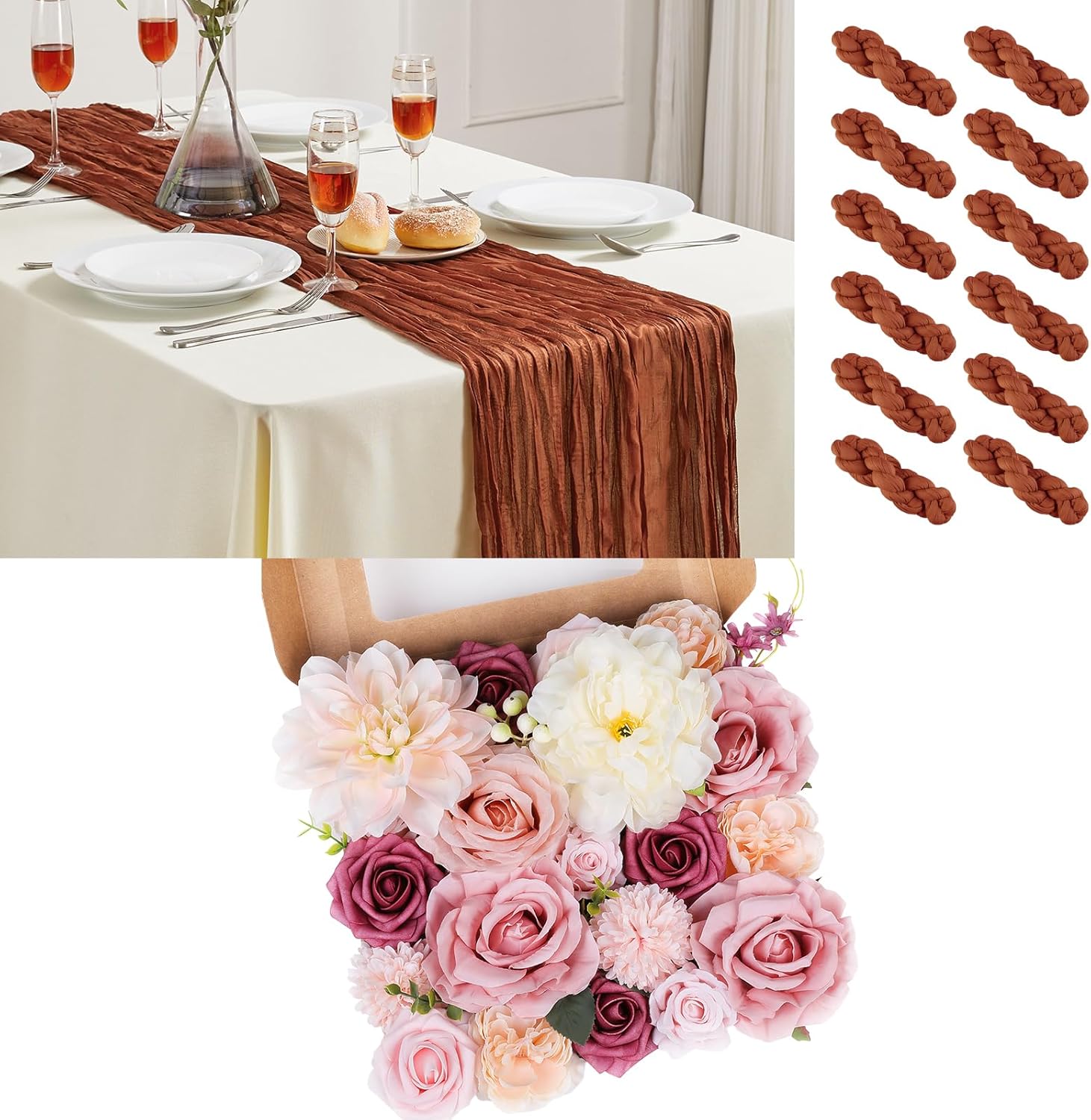 Cheesecloth Table Runner and Pink Roses Silk Flowers for Home Decor, Boho Style for Wedding Bridal Baby Shower Birthday Party Table Decor Thanksgiving Christmas Decorations