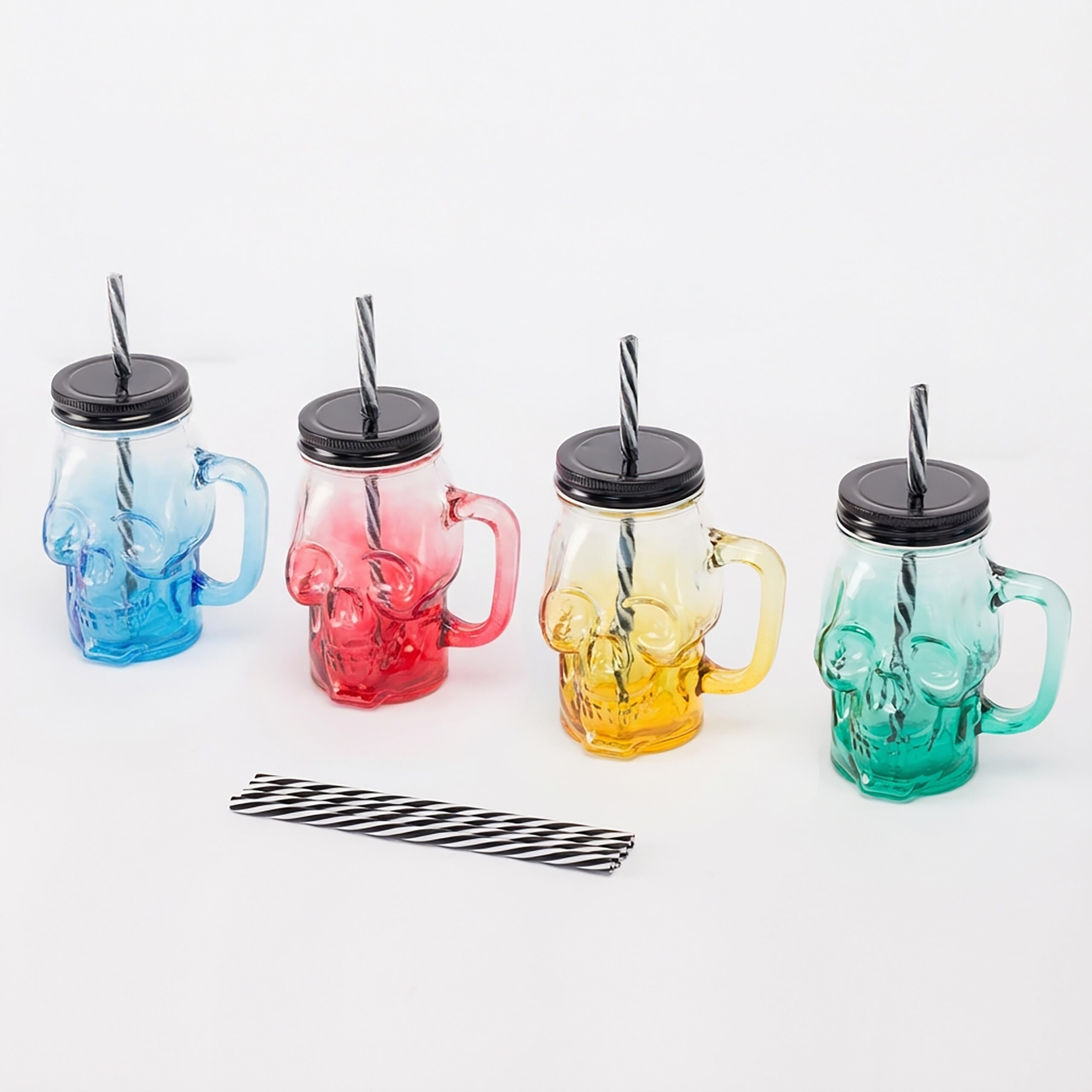 Relaxdays Bicchieri con Coperchio, Cannuccia e Manico, 4 Pezzi, 500 ml, Teschio, Tappo a Vite, Vetro Multicolore