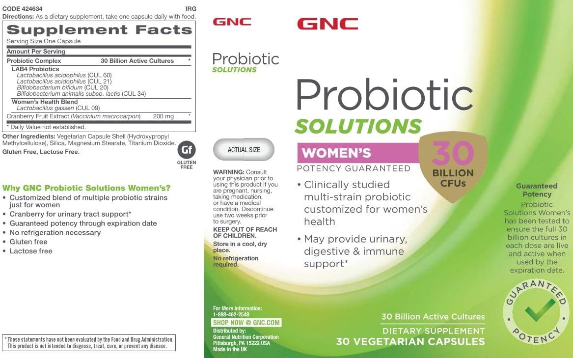 GNC Probiotic Solutions Women's with 30 Billion CFUs | Clinically Studied Multi-Strain for Women, Supports Digestive and Immune Health, Vegetarian | 30 Capsules