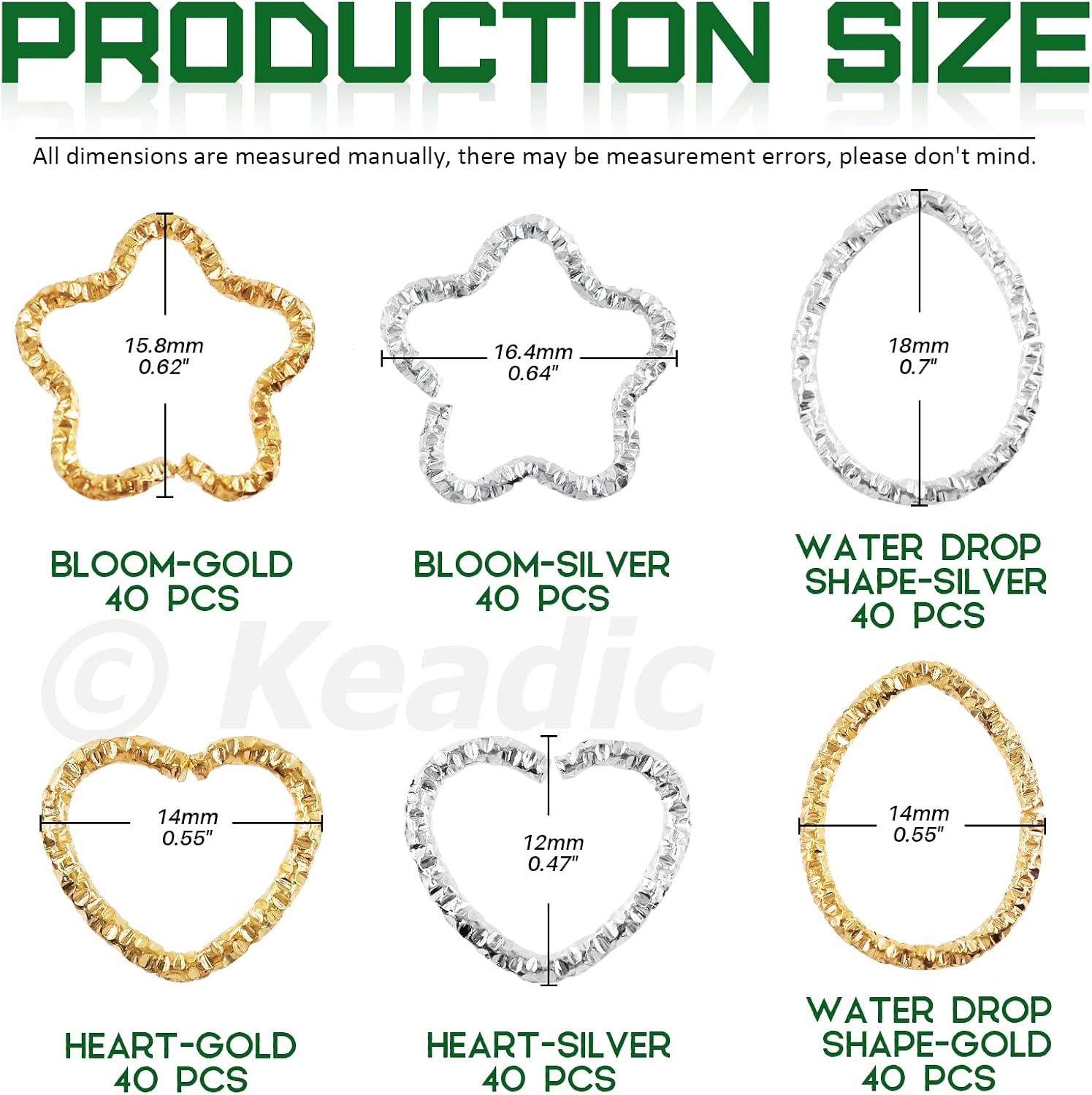 Keadic 400 Pcs 4 Sizes 12 15 16 18mm Open Jump Rings Assortment Kit, Twisted Flower/Heart/Square/Water Drop/O Ring Jewelry Making Findings for DIY Bracelet Necklaces Earring (Golden and Silver)