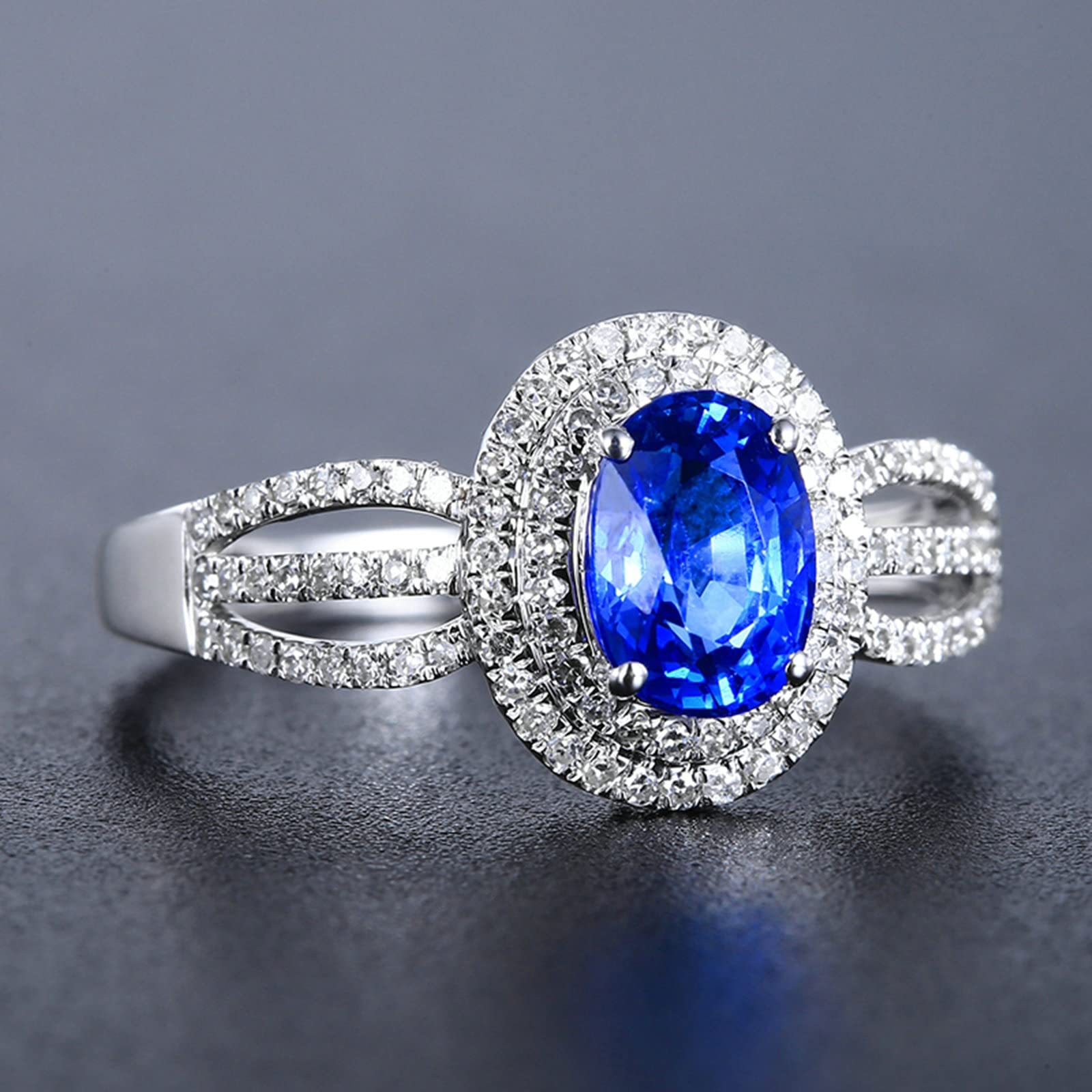Damski pierścionek zaręczynowy z białego złota próby 750, z owalnym szafirem 1,2 ct, z diamentem, wesele, białe złoto