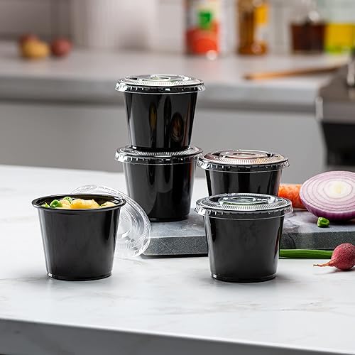 Miniatura 4 de (4 onzas  100 juegos) Vasos de plástico sumergibles negros con tapas, pequeños recipientes para control de porciones, chupitos de gelatina,