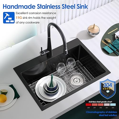 Miniatura 5 de OUGOO Fregadero de cocina, fregadero de cocina de 22 x 18 pulgadas, fregadero de cocina de un solo tazón de 9 pulgadas de profundidad, fregadero de