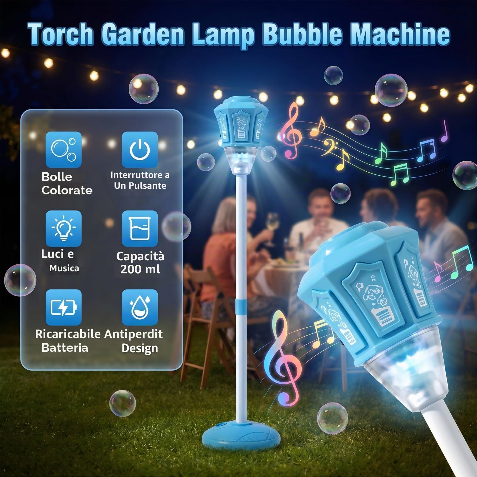 Macchina Bolle di Sapone con Telecomando, 3 Altezze Regolabili fino a 119cm, Luce RGB e Musica, Batteria Ricaricabile USB, Base Stabile, per Bambini Festa Outdoor Matrimonio Giardino