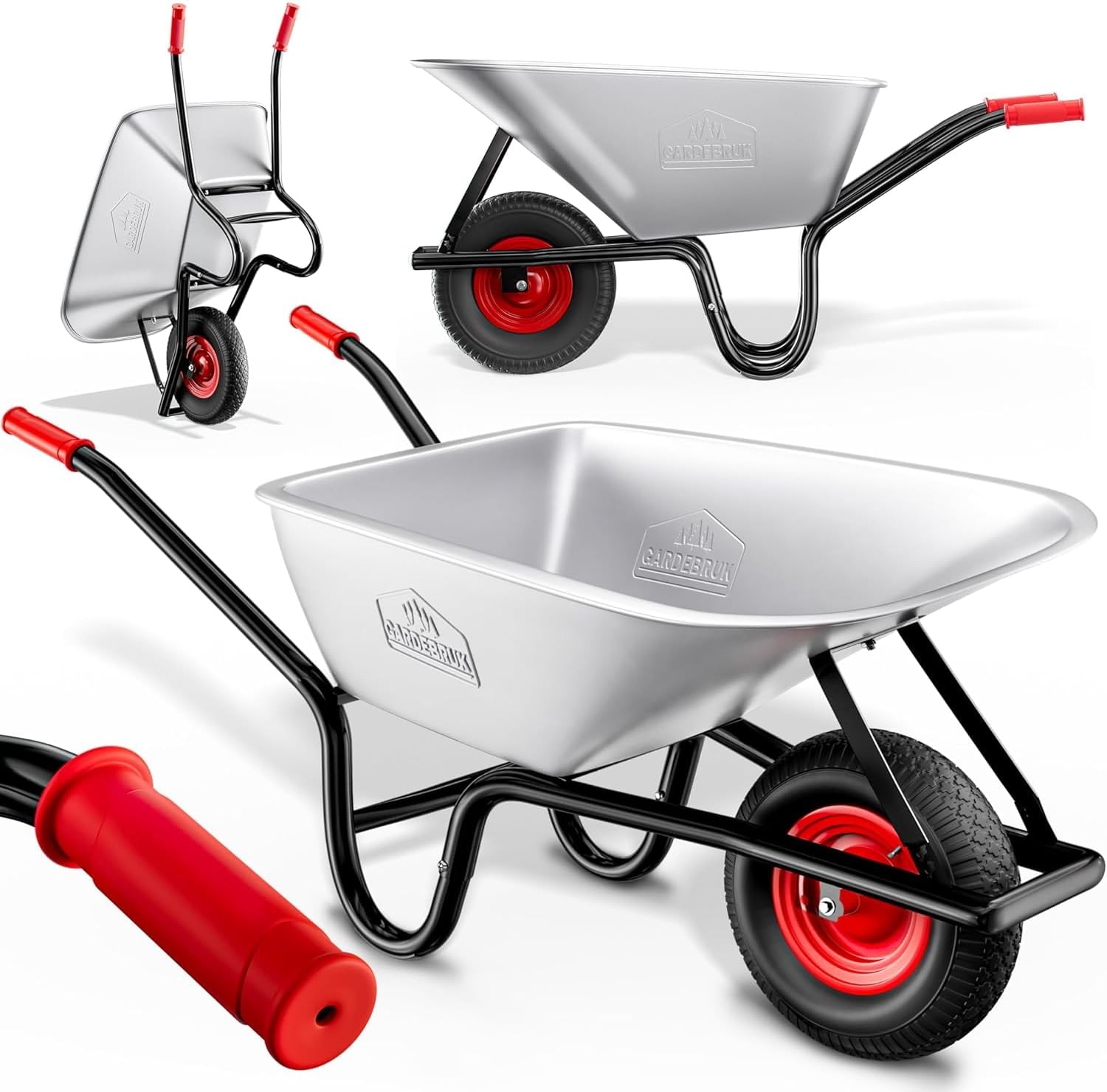 GARDEBRUK® Heavy Duty Wheelbarrow 100L | Pneumatic Tyre | 250KG Max Capacity | Steel Rim | Durable Garden Trolley for Transporting Grass Seed, Garden Tools, Compost, Mulch, Gravel | Silver & Red