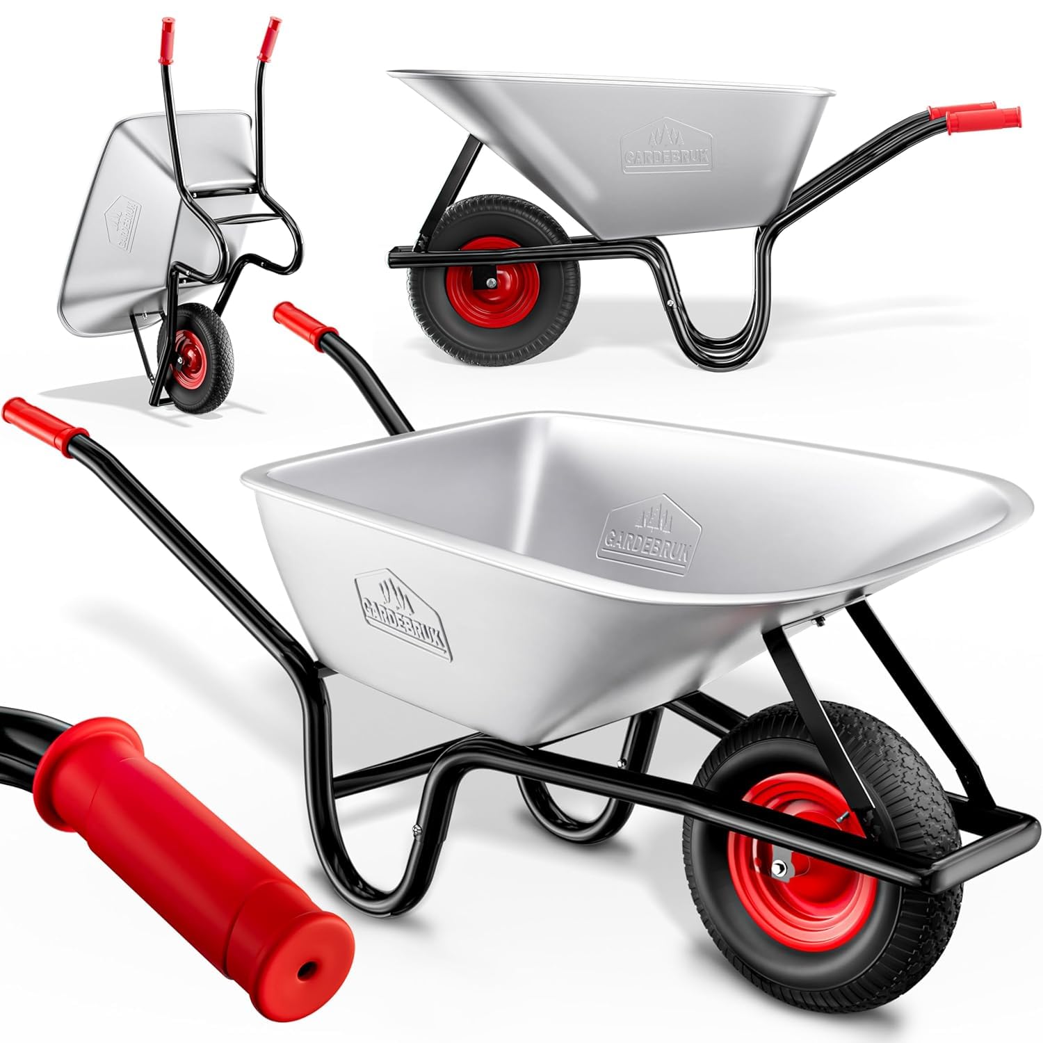 – Heavy Duty Wheelbarrow 100L | Pneumatic Tyre | 250KG Max Capacity | Steel Rim | Durable Garden Trolley for Transporting Grass Seed, Garden Tools, Compost, Mulch, Gravel | Silver & Red