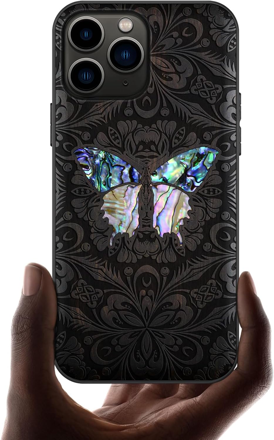 Carveit Designer Wooden Protective Case for iPhone 11 Pro Cover [Wood Engraving & Shell Inlay] Compatible with 11 Pro Case (Baroque Butterfly-Blackwood)