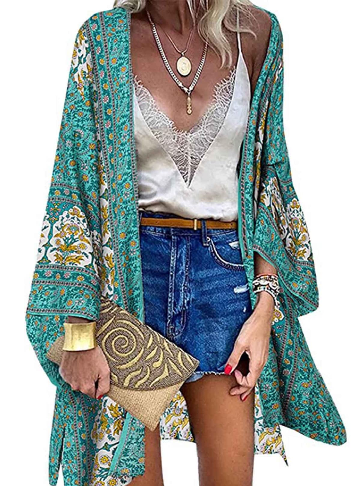 Yutdeng Kimono Mujer Kaftan Playa Cárdigan Verano Kimonos Cortos Floral Bohemio Suelto Bikini Cover Up Pareos Caftan Gasa Casual Camisolas Traje de Baño Ropa Playa para Mujer