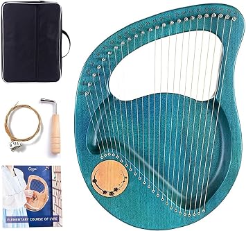 24 Strings Lyre Harp, Metal Strings Instrument with Tuning Wrench, Carrying Bag and Extra Strings ColorBlue