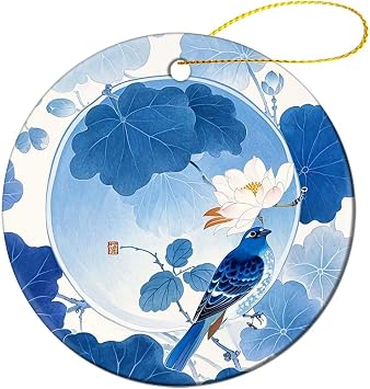Round Ceramic Christmas Ornaments - Blue and White Chinese Style Flower and Bird Double Sided Porcelain Hanging Decor for Xmas Tree, Holiday Home Decor and Gift Party Decorations 2.8 Inch