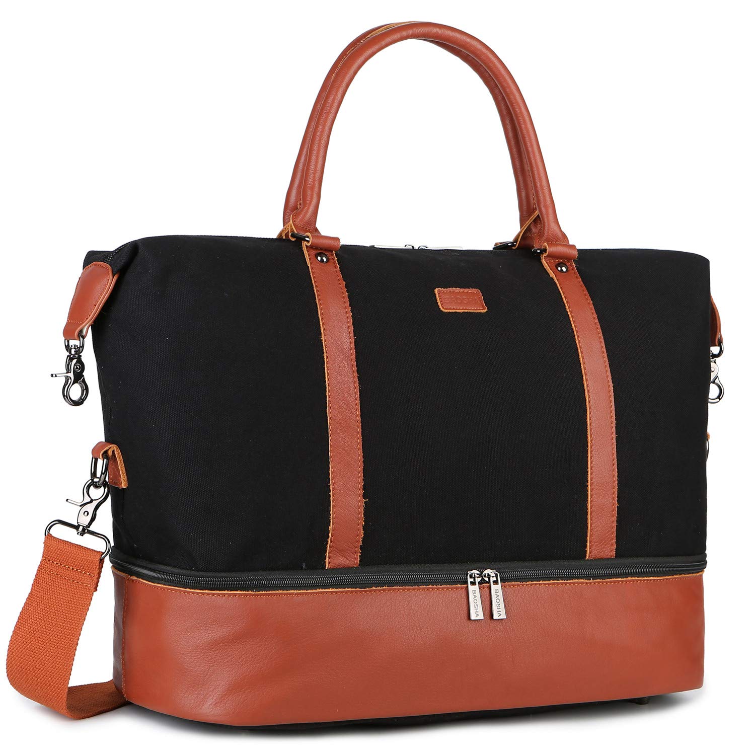 BaoshaHB-28 Ladies Women Canvas Travel Weekender Bag Overnight Carry-on Duffel Tote Bag (Black Dot) 18 x 13 x 8 inch, Real Leather Pure Black Shoe Compartment, 18 x 13 x 8 inch, Modern/Fitted