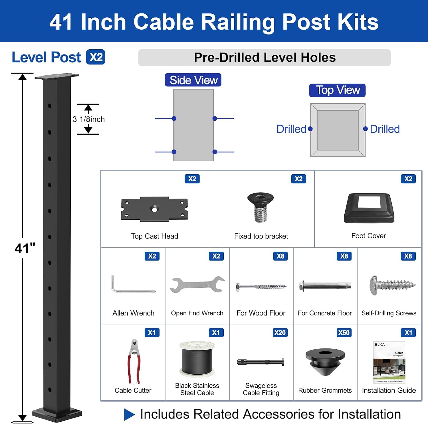 BLIKA 4FT-8FT Complete Set 42" Cable Railing Post Kit, Black Level Drilled Cable Railing Post, Swageless Cable Railing System Include 2Pack Level Posts, 1/8" 100FT Stainless Steel Cable(No Handrail)