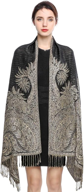 Pashmina Scarf for Women Luxury Warm Wrap Silky Feel Shawl Paisley Hijab in Rich Colours with Fringes 78.5''X27.5''