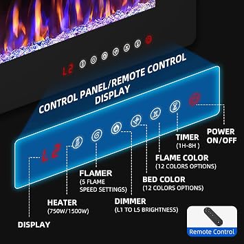 Electric Fireplace-60'' Wall Fireplace for Living Room-Fireplace Heater Insert Wall Mounted with Remote Control,Timer,12 Flame Colors,750/1500W,Ultra Thin