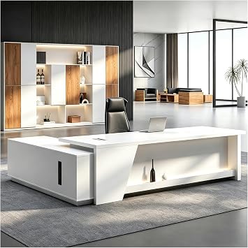 Executive L Shaped Office Desk, 1 Thick Tabletop, Solid Wood Board, with Side cabinets and Wire Holes, Drawer with Lock, for Executive Desks,Boss Table,Computer Desk,Home Office Furniture