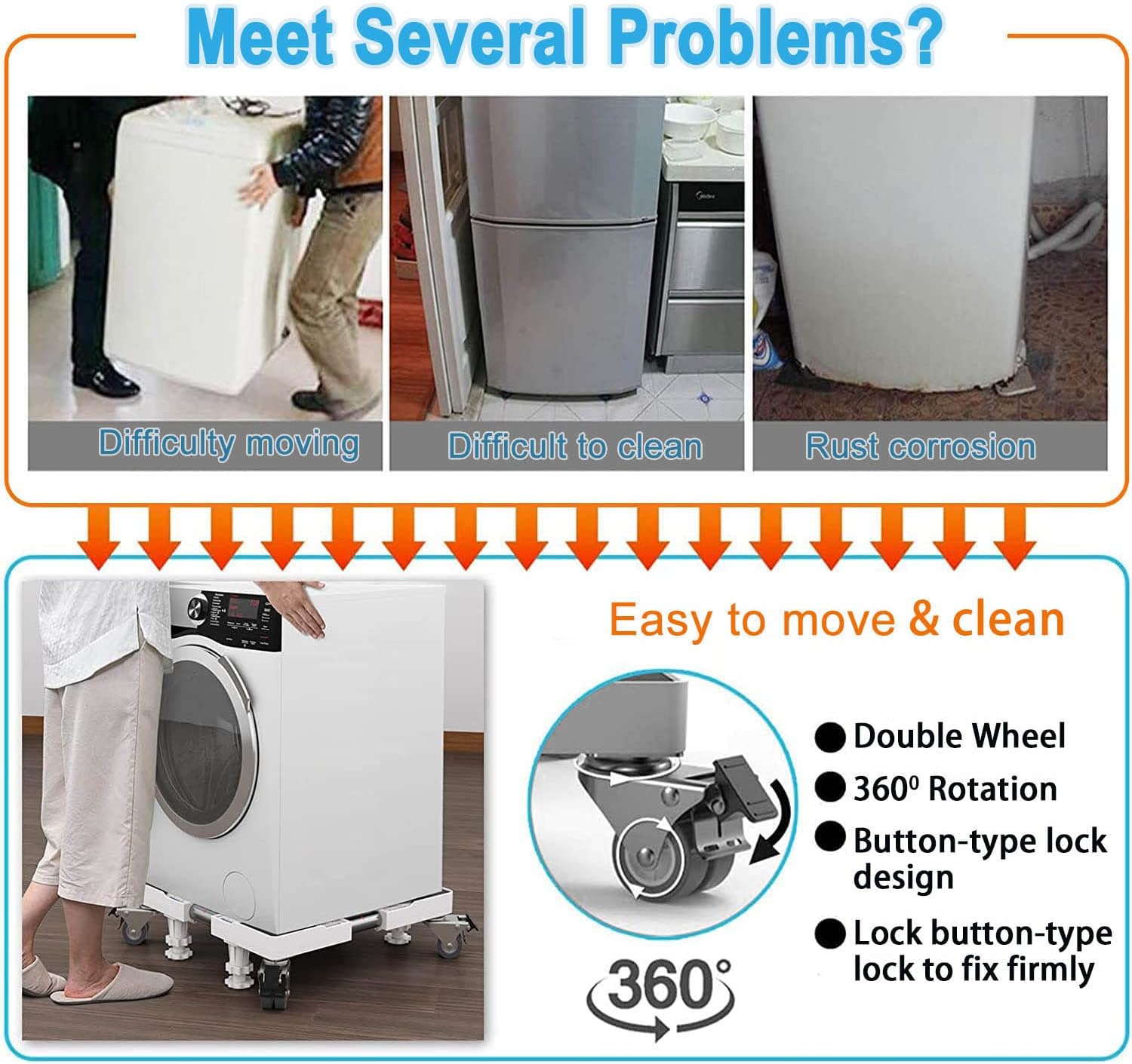 SEISSO Adjustable Washing Machine Base with 4 Feet 4 Wheels, Multi-functional Movable Furniture Dolly Roller Mobile Base with 4 Locking Rubber Swivel Wheels for Washer Machine, Drier, Refrigerator