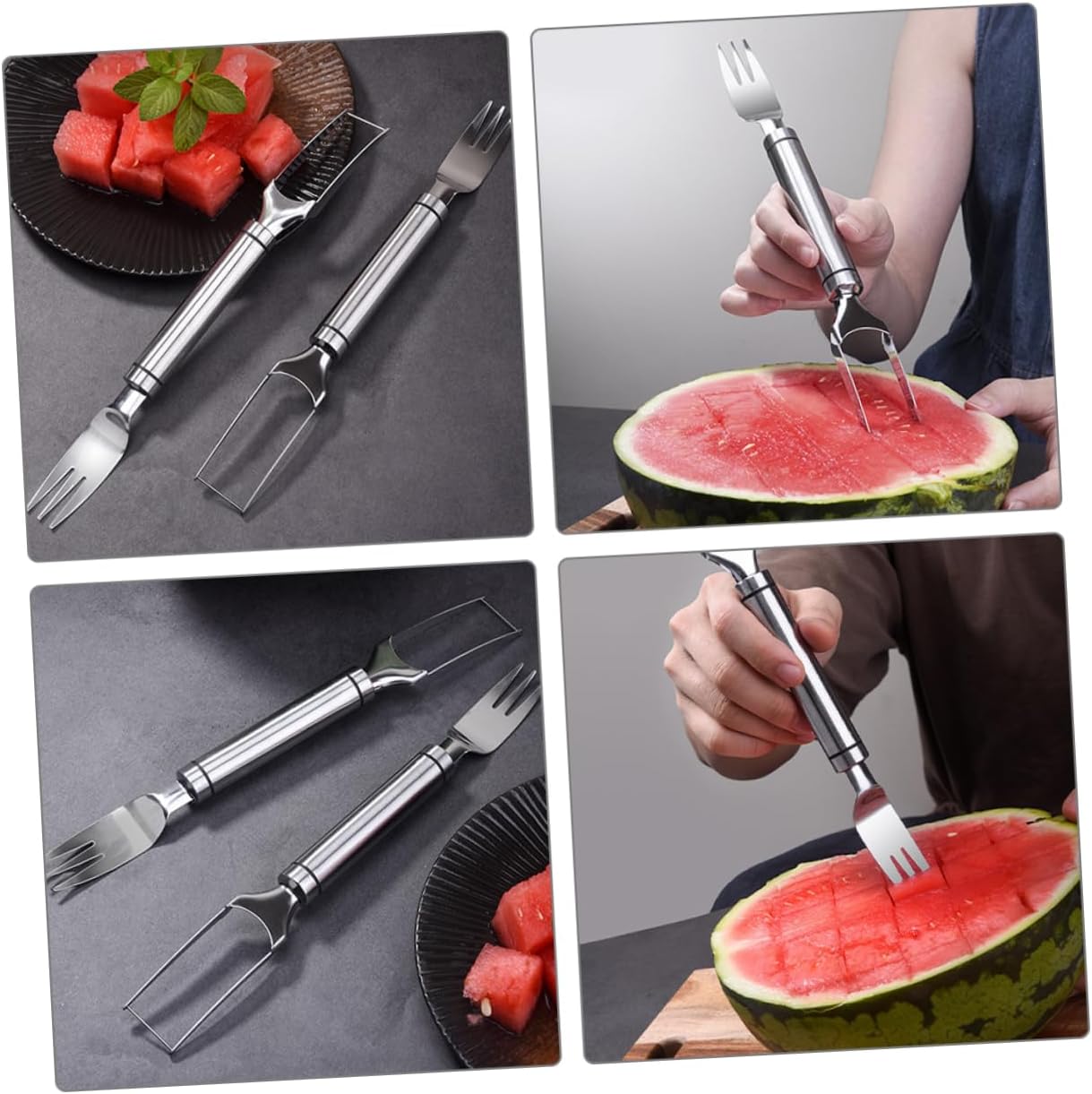 ABOOFAN 2pcs Watermelon Slicer Fork Set Stainless Steel Fruit Chopper Multifunctional Kitchen Tool