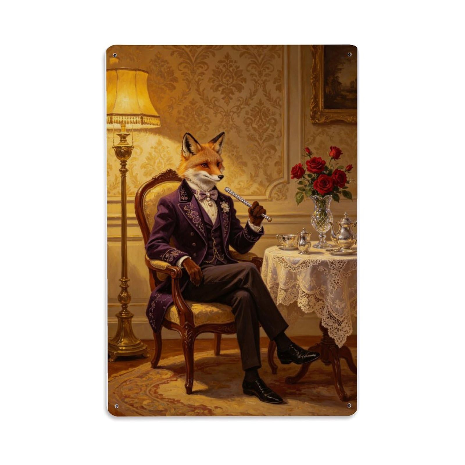 Victorian Fox Gentleman in Purple Robe Portrait Vintage Aluminium Metal Sign, Retro Wall Decor for Home, Bar, Garage & Farmhouse 30x20cm