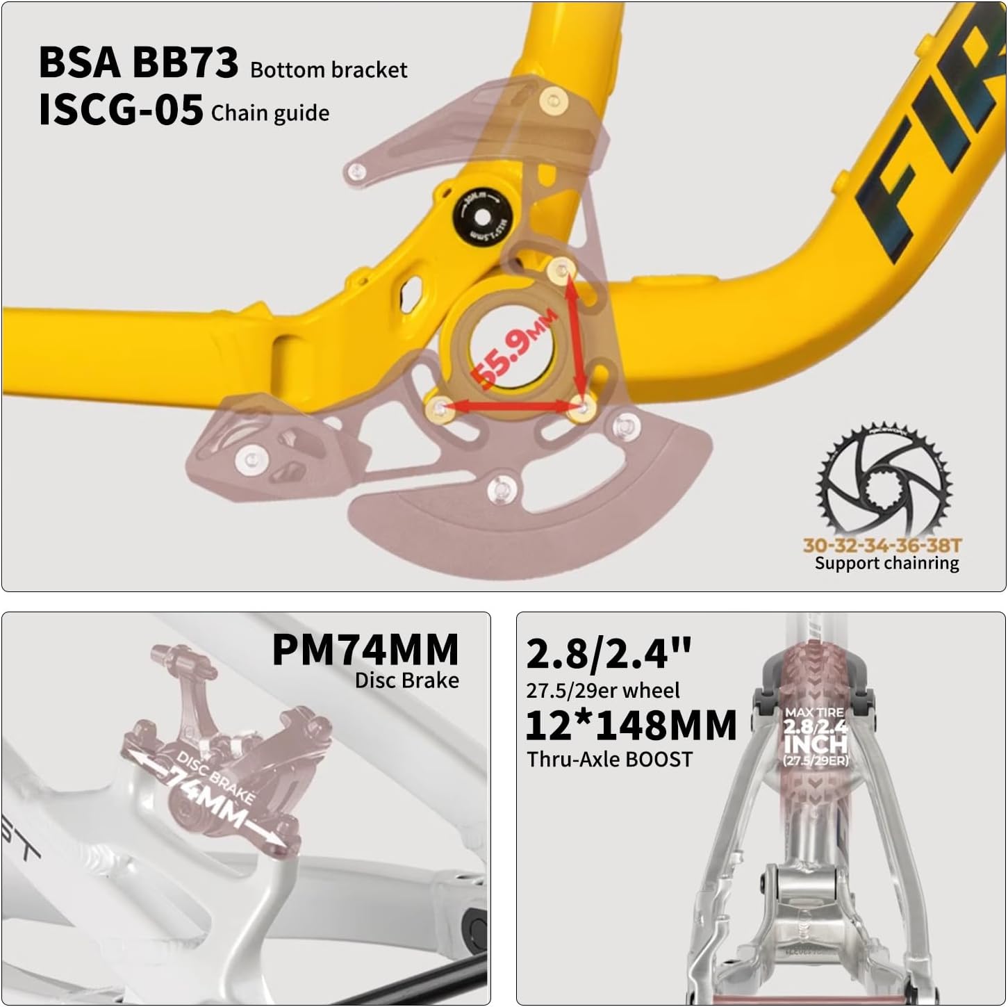 27.5er 29er Mountain Bike Boost Frame 15.7" 16.5" 17.3" Full Suspension Soft Tail Frame Aluminium Alloy Enduro Frame Travel 155mm 12 * 148mm Thru Axle Disc Brake(Green,27.5 * 15.7")