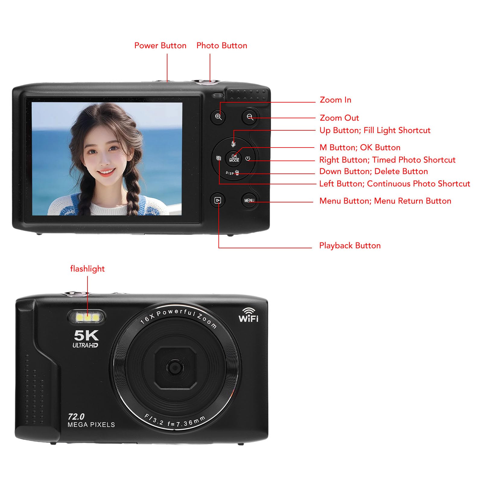 BuyWeek Appareil Photo Numérique 5K 72MP avec WiFi, Zoom Numérique 16X Autofocus Caméra Vlogging avec Écran Ultra HD de 2,8 Pouces, Flash et Microphone Intégrés, avec Carte Mémoire 64 Go (Noir)