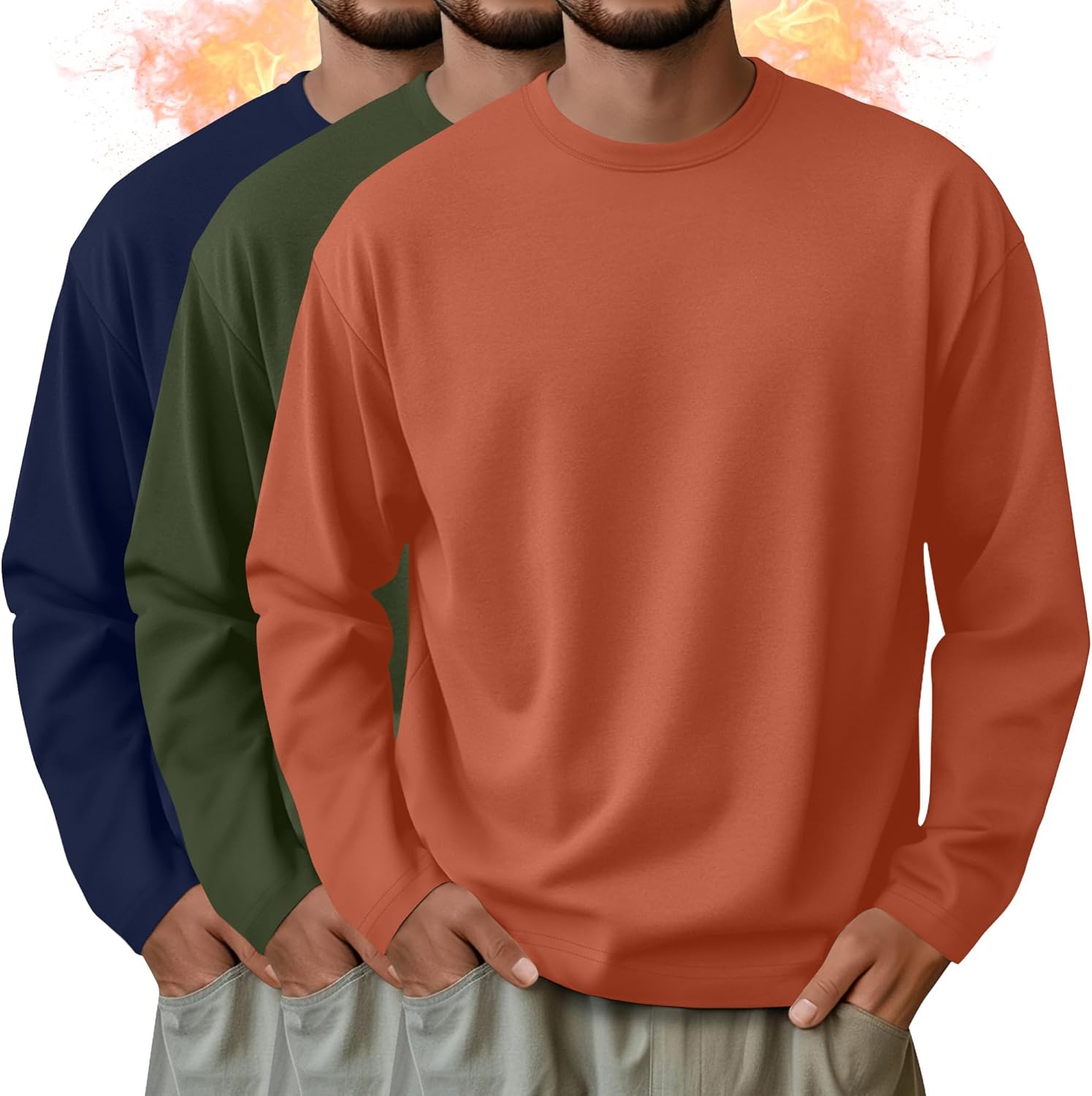 3 Pack Mens Long Sleeve Shirts Crew Neck Thermal T-Shirt Thick Pullover Basic Tops Casual Comfortable Sweatshirt