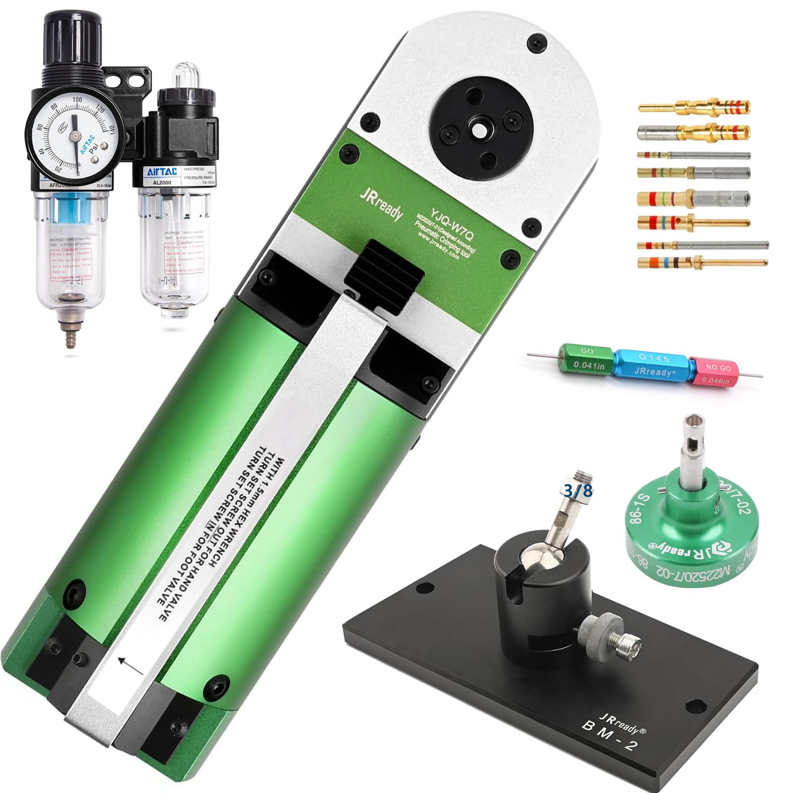 JRreadyPneumatic Crimp Kit,W7Q Air Power Four-Indent Crimp Tool for MIL Solid Contacts 16-28AWG+POSITIONER+Go-no-go Gauge+Adjustable Bench Mount+Air Filter Regulator