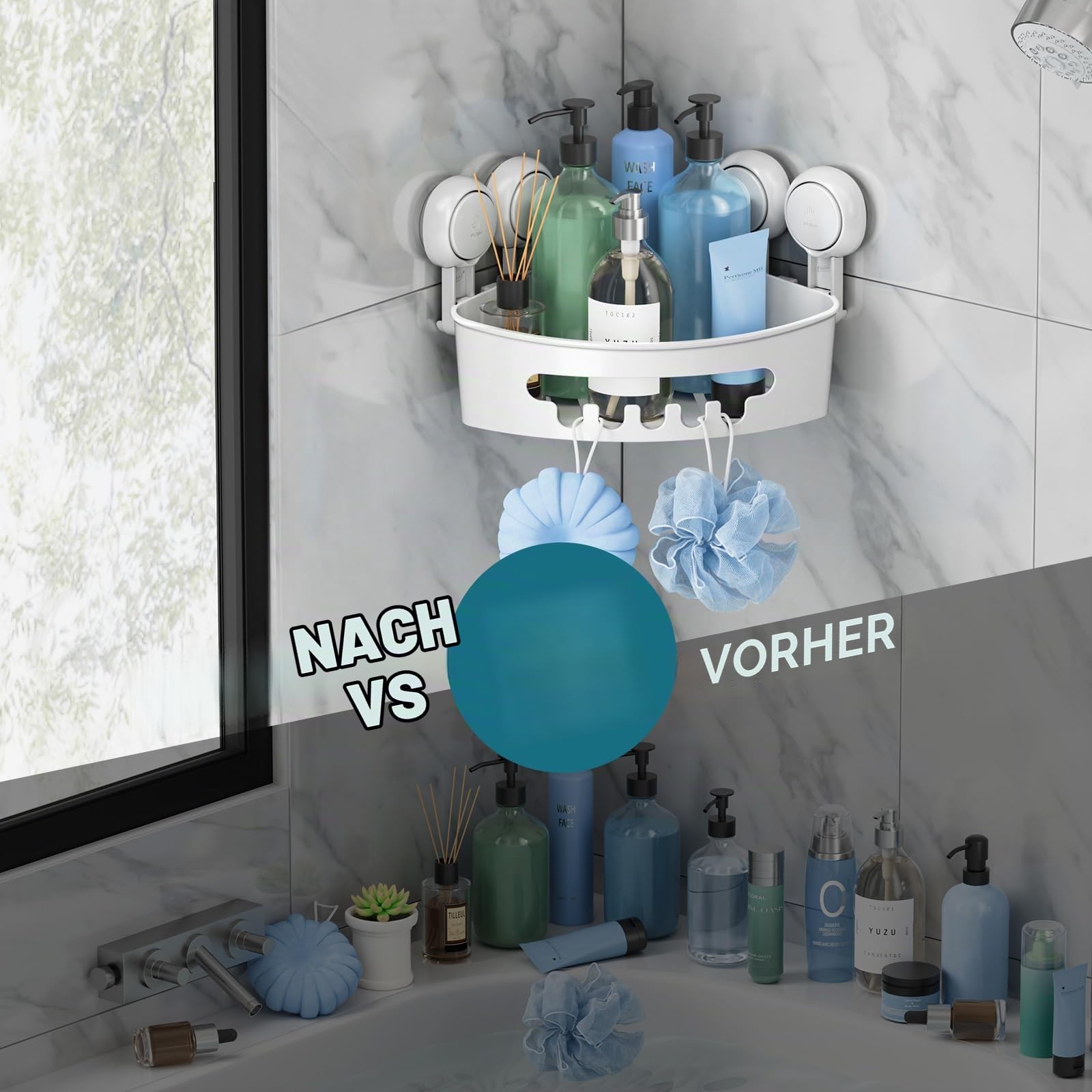 TAILI Duschablage ohne Bohren Duschablage Saugnapf Ecke Extra Stark, Weiß | Saugnapf Dusche Organizer Große Kapazität Bad Organizer Ohne Bohren Badezimmer Zubehör für Shampoo Duschkorb Küche