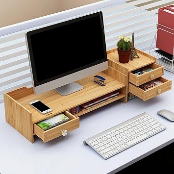Monitor Stand Riser - Computer Stand for Desktop Monitors | Wood Shelves, Desktop Accessories, Laptops, Printers, Keyboards, Stationery Storage for Schools, Home, Apartments, Dorms