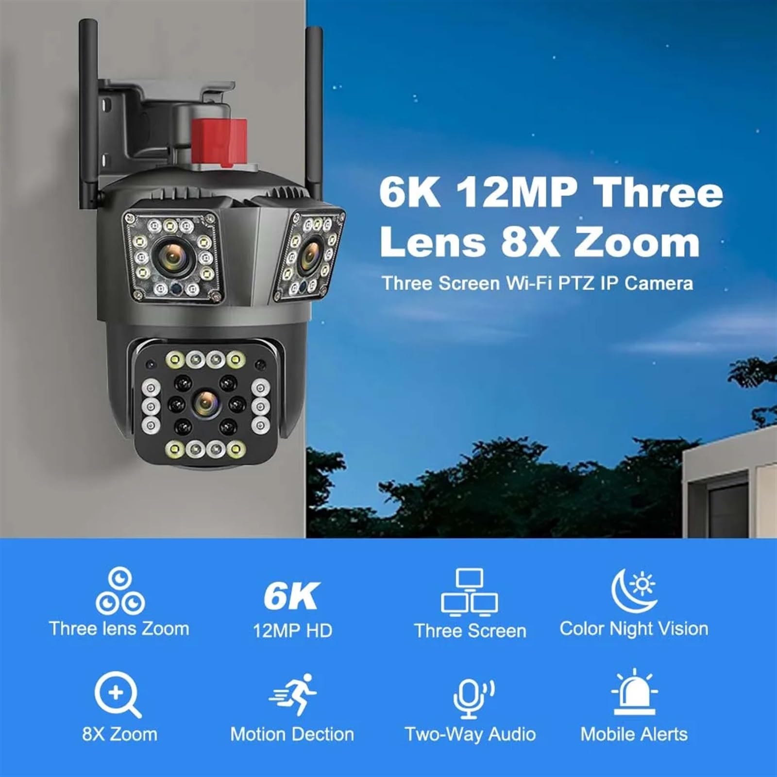 Camara Vigilancia Cámara de seguridad de 12MP 6K Zoom 8X cámara de vigilancia de tres lentes seguimiento automático cámara IP de 8MP cámara CCTV inalámbrica for hogar inteligente(6K 12MP Camera)