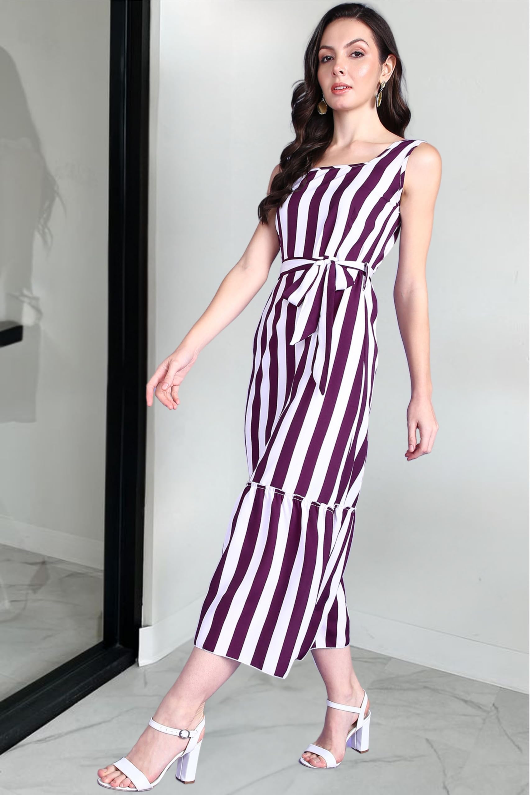 Popwings Women Casual Purple & White Stripe Long Belt Dress Dress | Stylish Dress | Trendy Dress