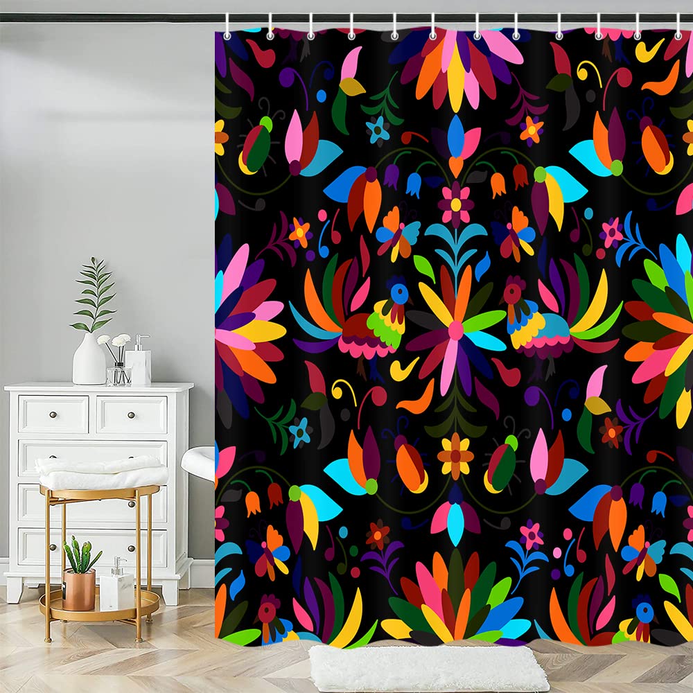 Mexiko Duschvorhang Mit Otomi Bluebird Muster | Buntes Blumen-Design, Wasserdicht 175x178 Cm – Badezimmer Deko Im Ethnischen Stil